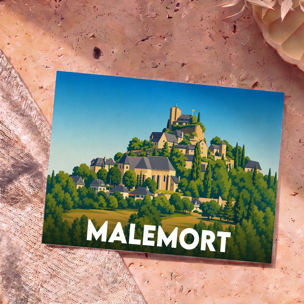 Carte postale souvenir de la ville de Malemort avec une illustration stylisée d'un village perché.