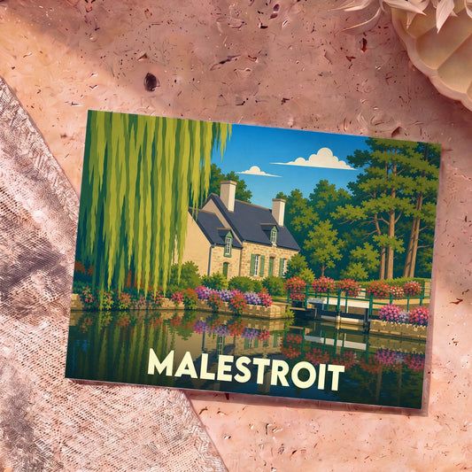 Carte postale souvenir de la ville de Malestroit avec une illustration stylisée d'une maison au bord de l'eau.