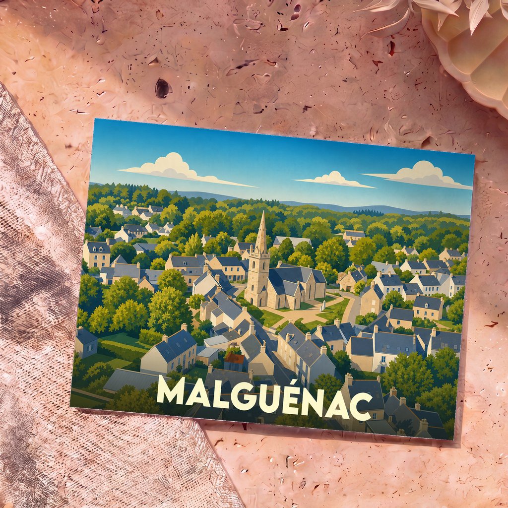 Carte postale souvenir de la ville de Malguénac avec une illustration stylisée d'un village pittoresque.