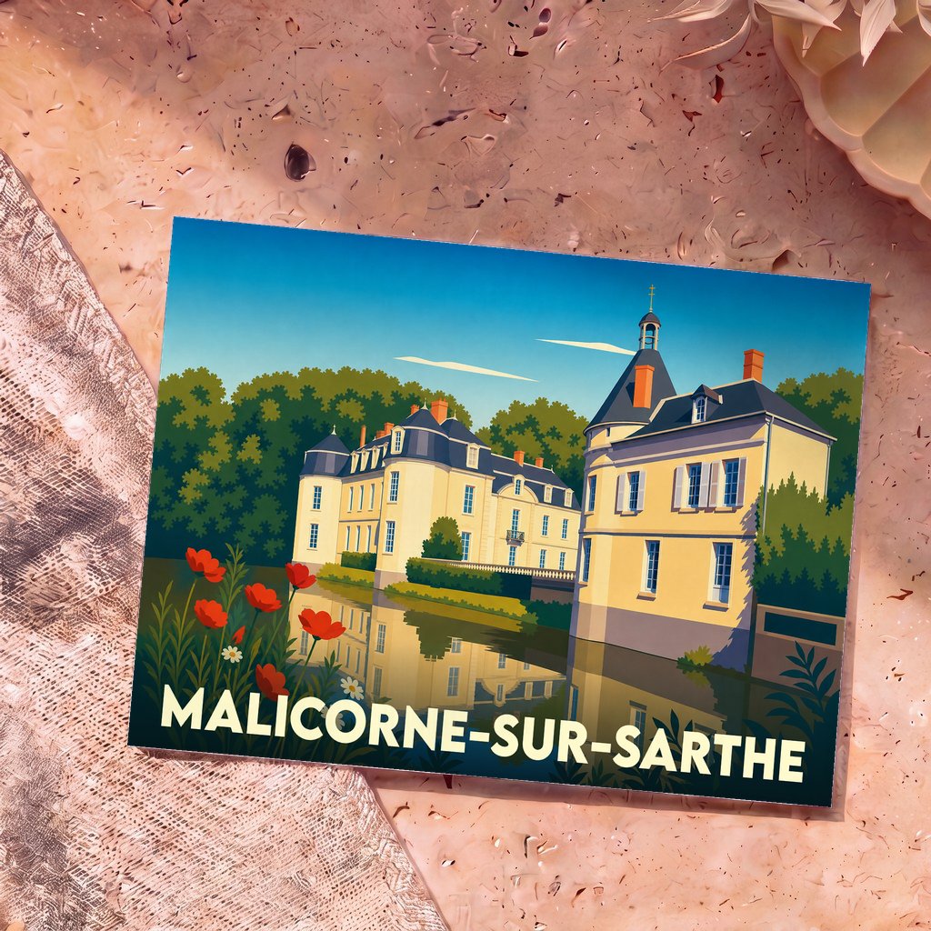 Carte postale souvenir de la ville de Malicorne-sur-Sarthe avec une illustration stylisée de son château se reflétant dans l'eau.