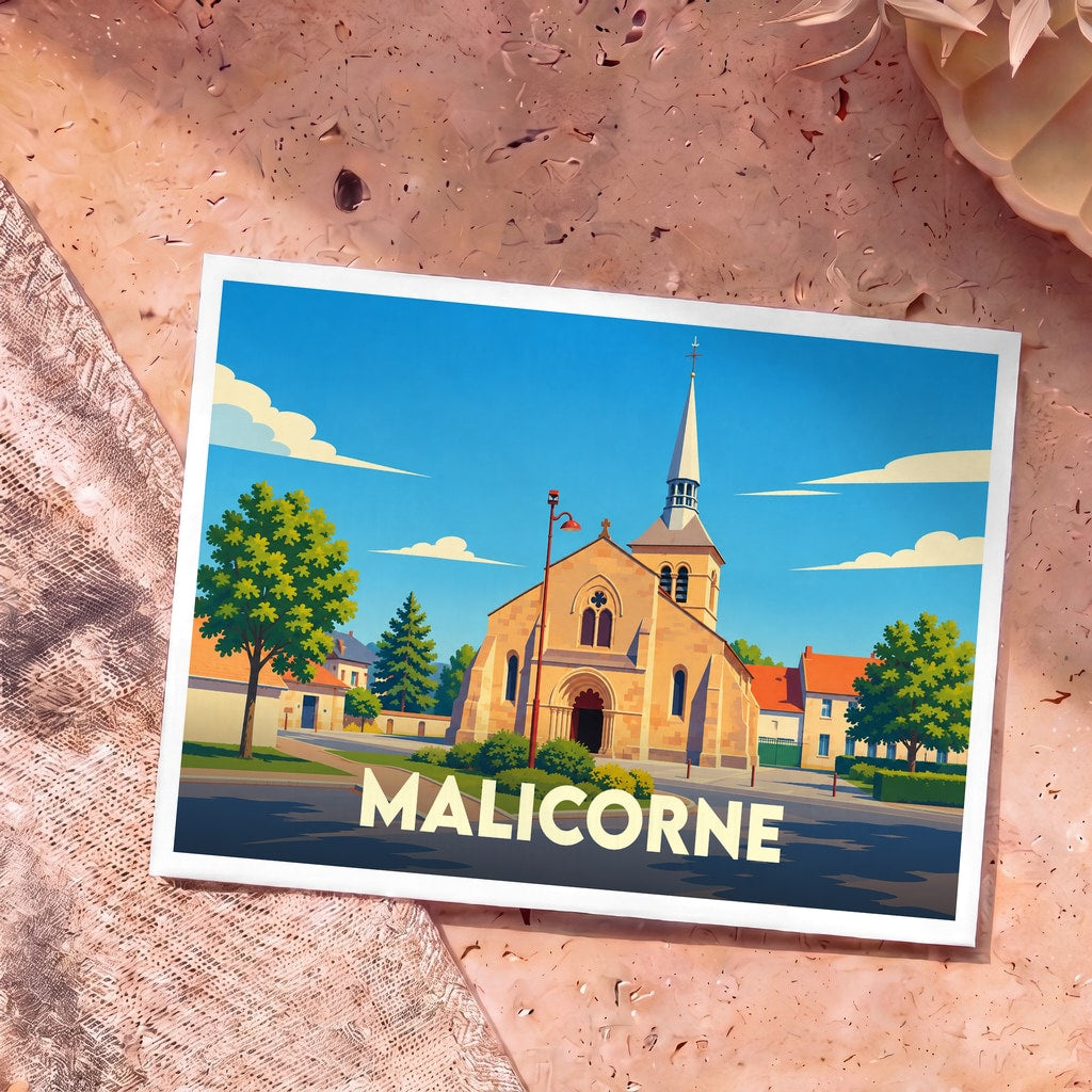 Carte postale souvenir de la ville de Malicorne illustrant son église dans un style graphique épuré.