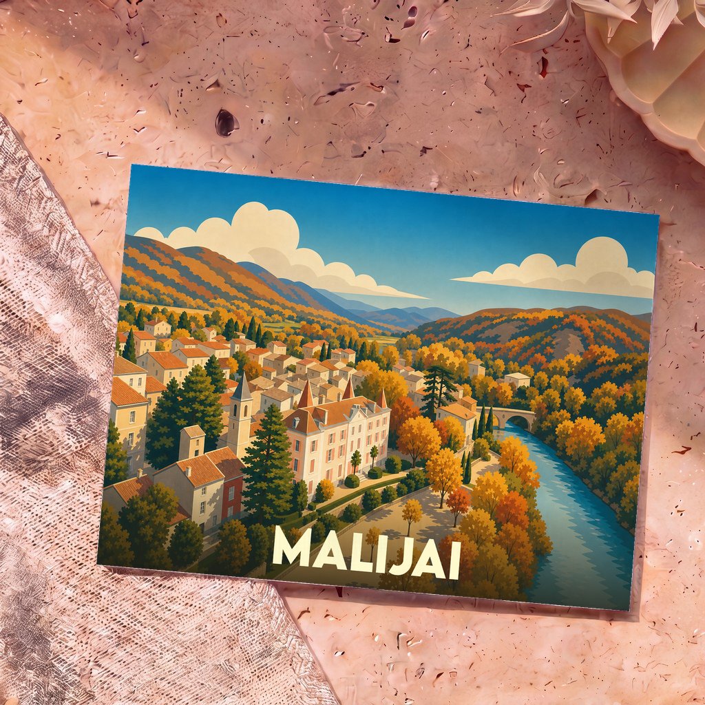 Carte postale souvenir de la ville de Malijai illustrant un paysage automnal stylisé avec son château et sa rivière.