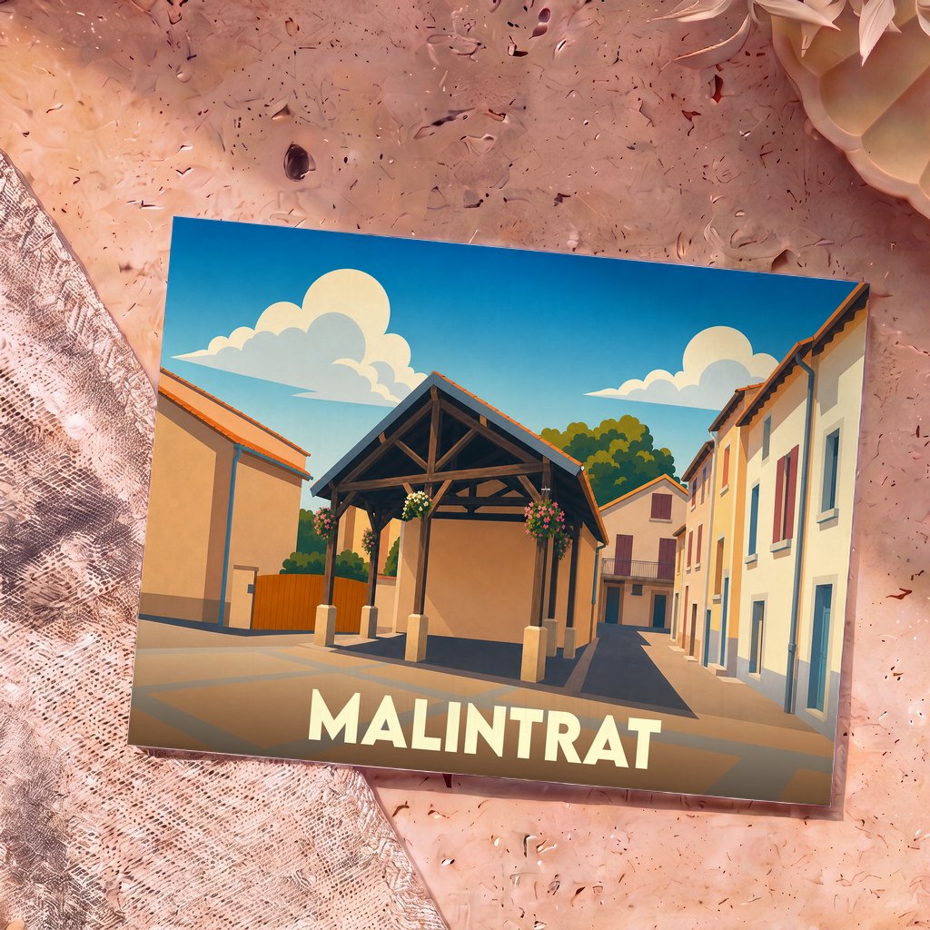 Carte postale souvenir de la ville de Malintrat avec une illustration stylisée de sa halle couverte.
