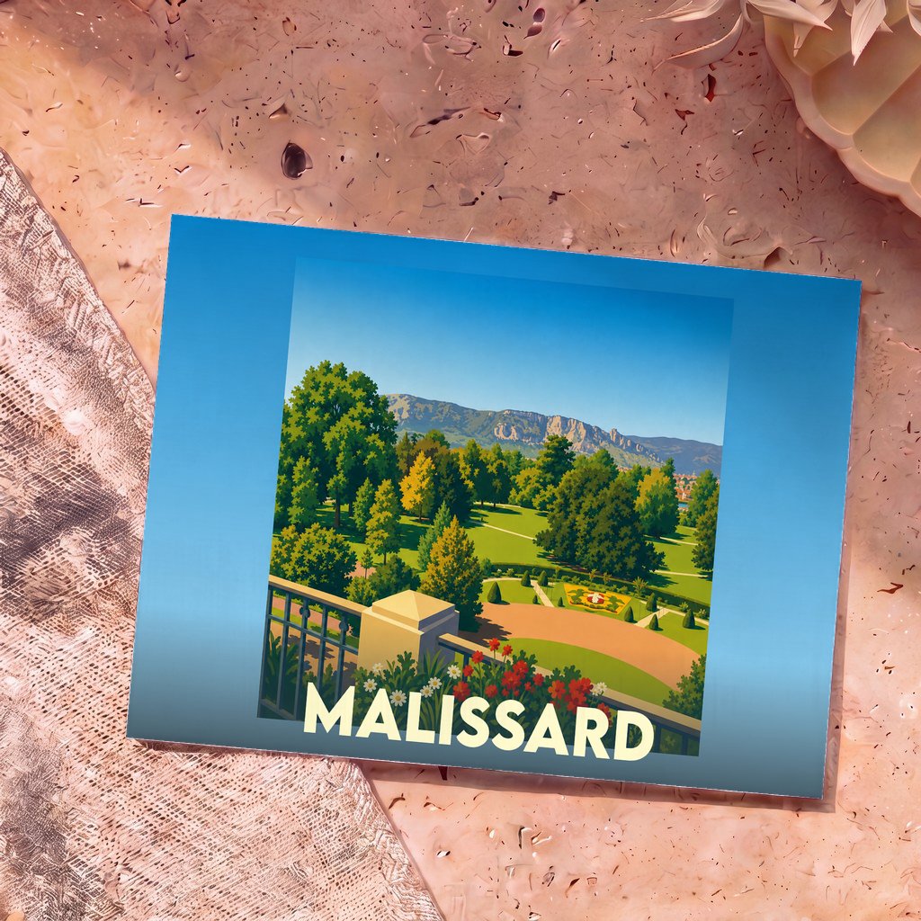 Carte postale souvenir de la ville de Malissard avec une illustration stylisée d'un parc paysager devant des montagnes.
