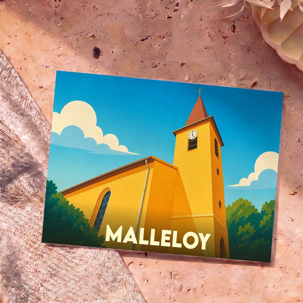 Carte postale souvenir de la ville de Malleloy avec une illustration stylisée de son église jaune sous un ciel bleu.