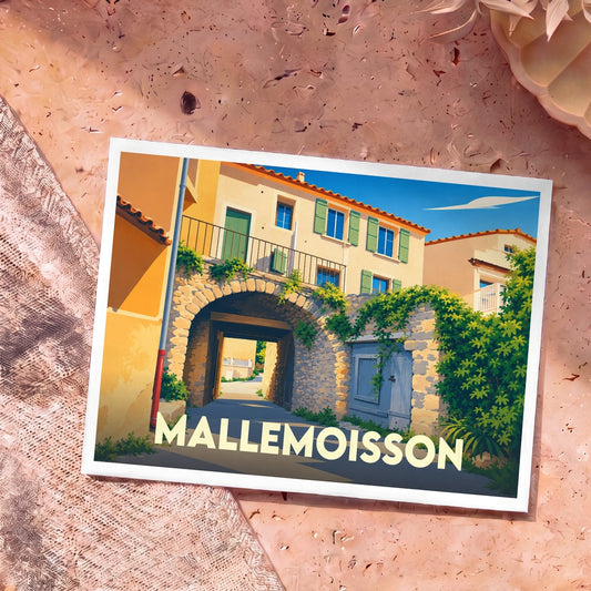 Carte postale souvenir de la ville de Mallemoisson avec une illustration stylisée d'un passage voûté fleuri.