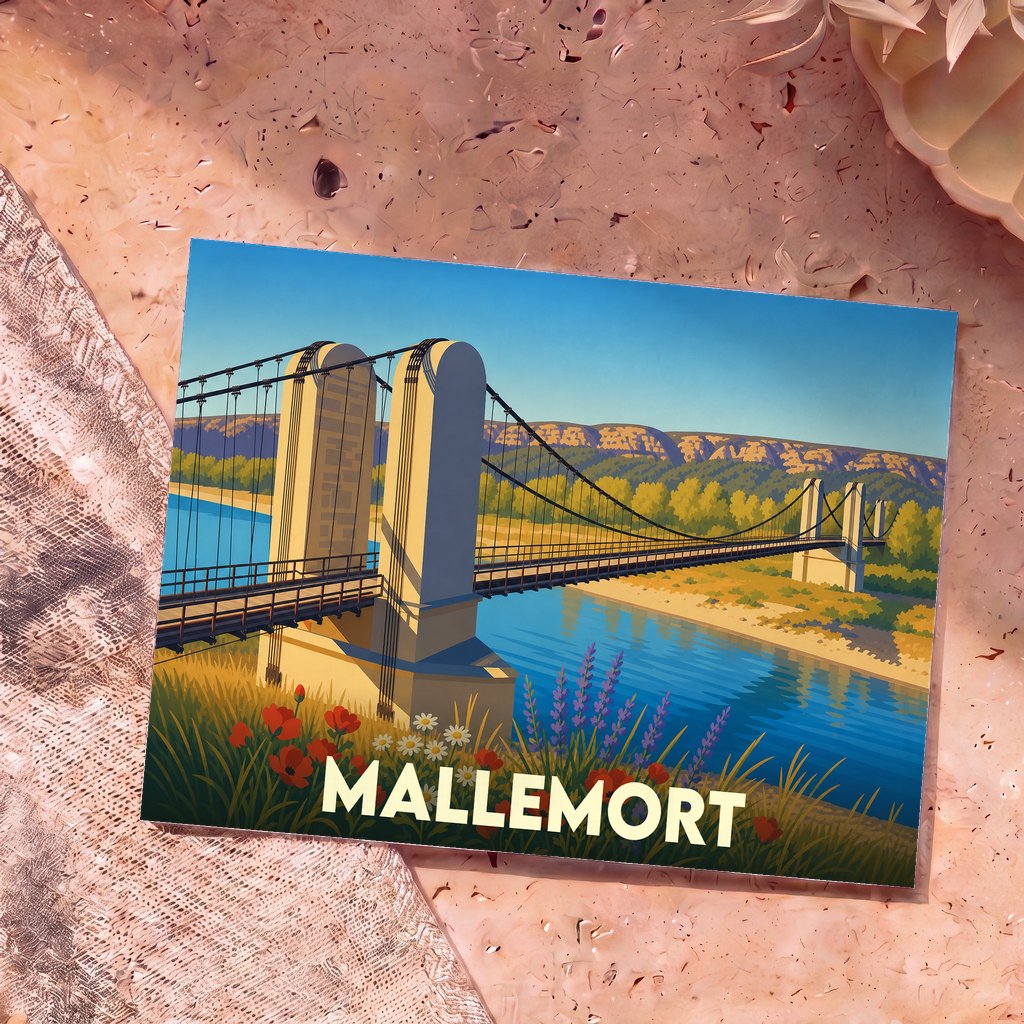 Carte postale souvenir de la ville de Mallemort illustrant son célèbre pont suspendu dans un style rétro et coloré.