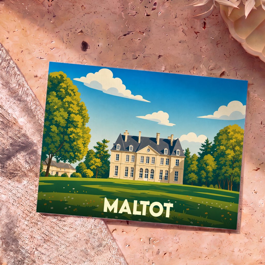 Carte postale souvenir de la ville de Maltot avec une illustration stylisée d'un château.