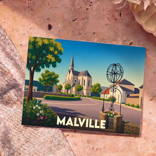 Carte postale souvenir de la ville de Malville avec une illustration stylisée de son église et d'un puits ancien.