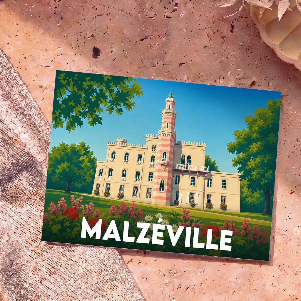 Carte postale souvenir de la ville de Malzéville avec une illustration stylisée d'un château à tour rayée.