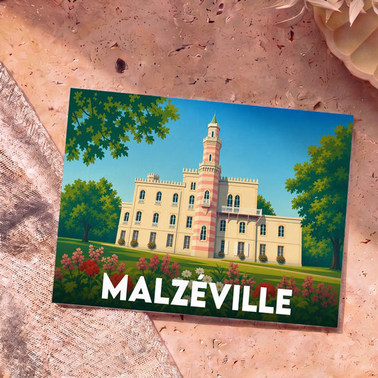 Carte postale souvenir de la ville de Malzéville avec une illustration stylisée d'un château à tour rayée.