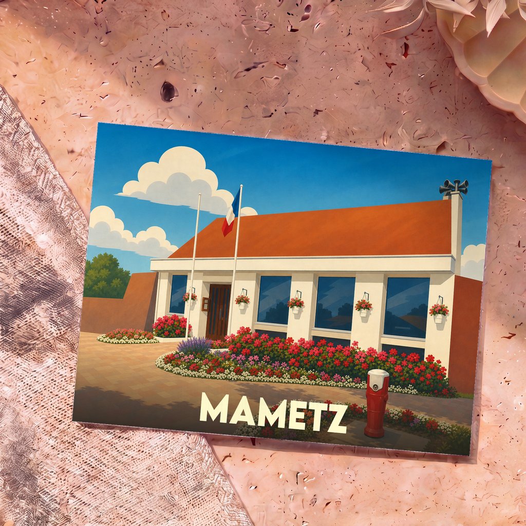 Carte postale souvenir de la ville de Mametz avec une illustration stylisée et colorée de la mairie.