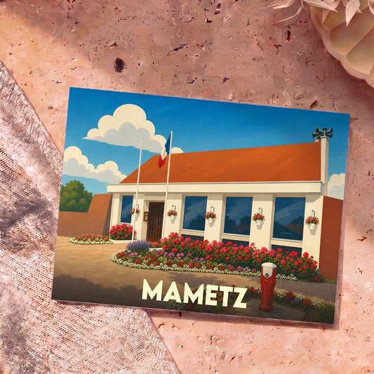 Carte postale souvenir de la ville de Mametz avec une illustration stylisée et colorée de la mairie.