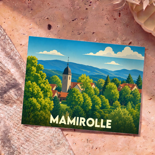 Carte postale souvenir de la ville de Mamirolle avec une illustration stylisée d'un village verdoyant et son clocher.