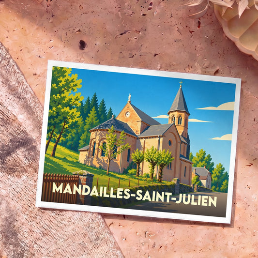 Carte postale souvenir de la ville de Mandailles-Saint-Julien illustrant son église dans un style graphique épuré et coloré.
