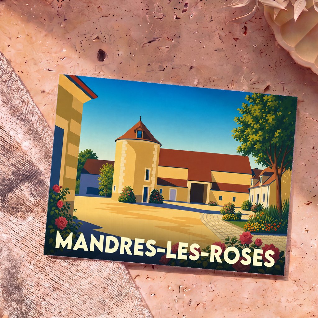 Carte postale souvenir de la ville de Mandres-les-Roses avec une illustration stylisée d'une propriété historique.
