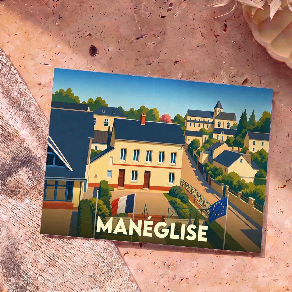 Carte postale souvenir de la ville de Manéglise avec une illustration stylisée représentant ses maisons et son église.
