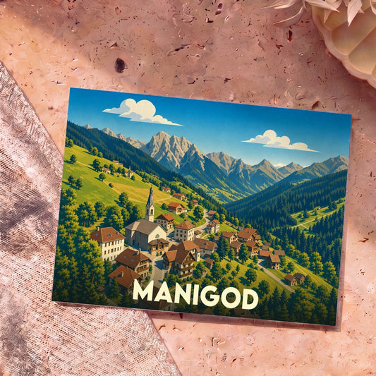 Carte postale souvenir de la ville de Manigod avec une illustration stylisée de son village alpin et des montagnes environnantes.