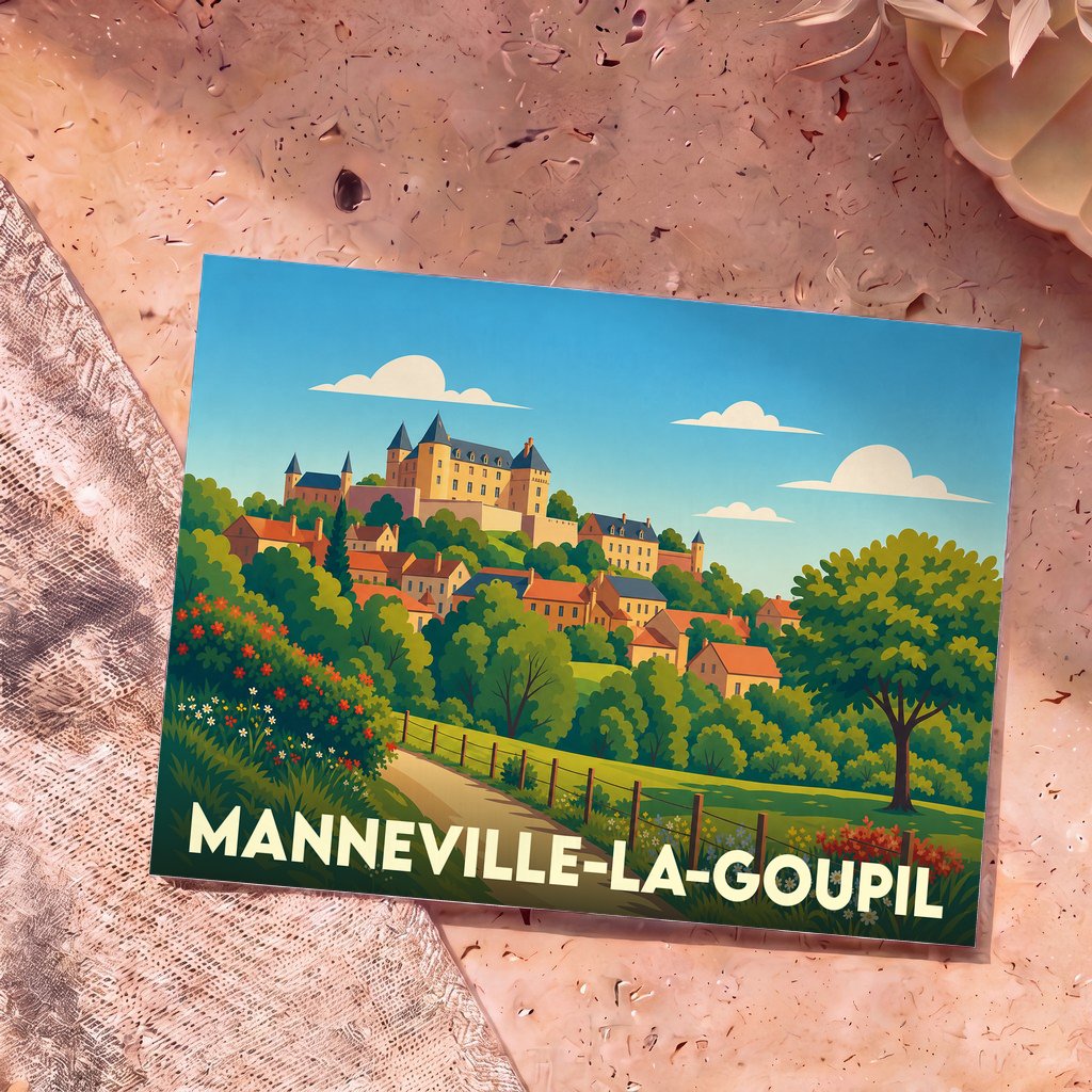 Carte postale souvenir de la ville de Manneville-la-Goupil avec une illustration stylisée d'un château surplombant un village.