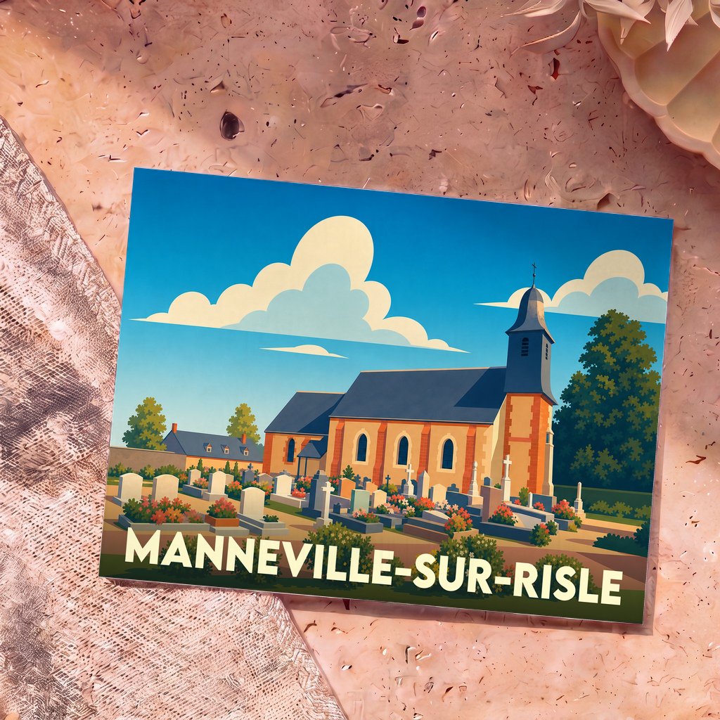 Carte postale souvenir de la ville de Manneville-sur-Risle avec une illustration stylisée de son église et de son cimetière.