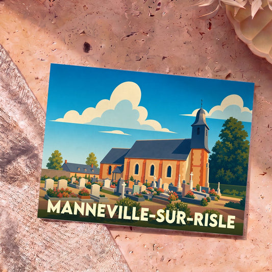 Carte postale souvenir de la ville de Manneville-sur-Risle avec une illustration stylisée de son église et de son cimetière.
