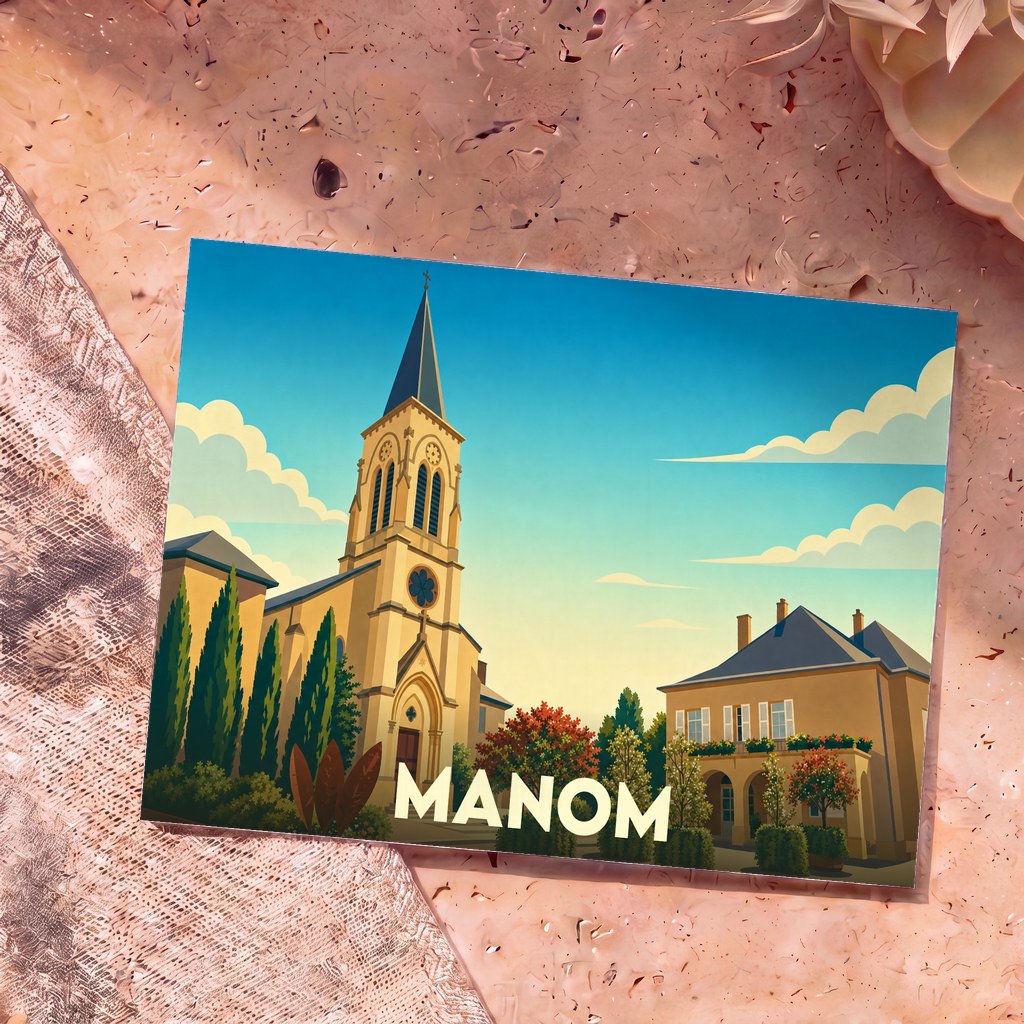 Carte postale souvenir de la ville de Manom illustrant son église et son architecture dans un style graphique épuré.