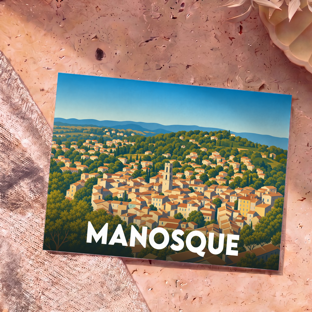Carte postale souvenir de la ville de Manosque avec une illustration stylisée.