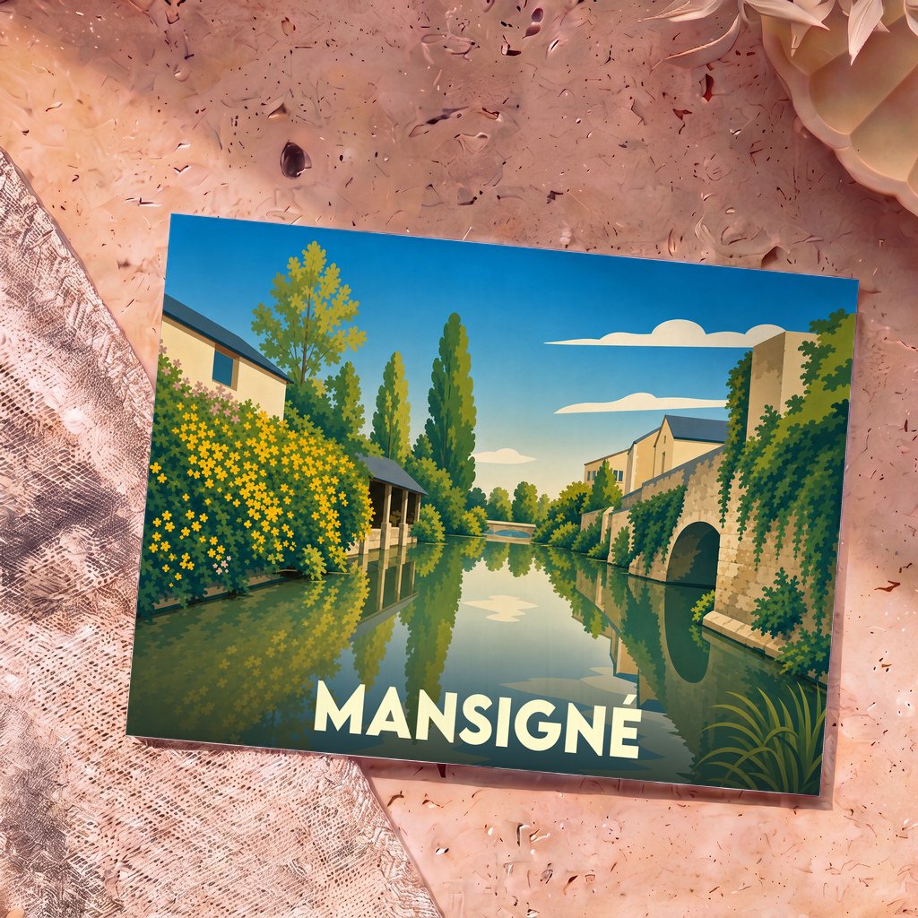 Carte postale souvenir de la ville de Mansigné avec une illustration stylisée d'une rivière bordée de maisons et de verdure.