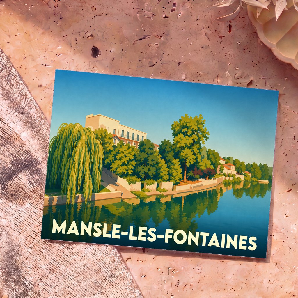 Carte postale souvenir de la ville de Mansle-les-Fontaines avec une illustration stylisée d'un paysage fluvial.