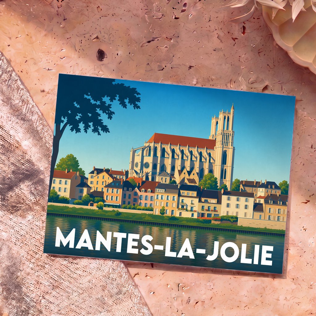 Carte postale souvenir de la ville de Mantes-la-Jolie avec une illustration stylisée de sa collégiale en bord de Seine.