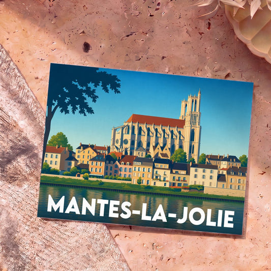 Carte postale souvenir de la ville de Mantes-la-Jolie avec une illustration stylisée de sa collégiale en bord de Seine.