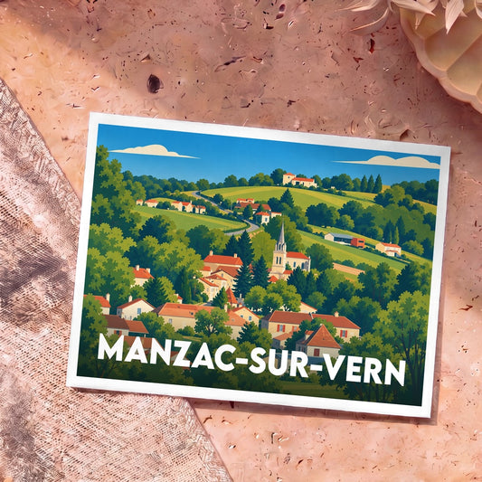 Carte postale souvenir de Manzac-sur-Vern présentant une illustration stylisée et colorée du village niché dans une vallée verdoyante.