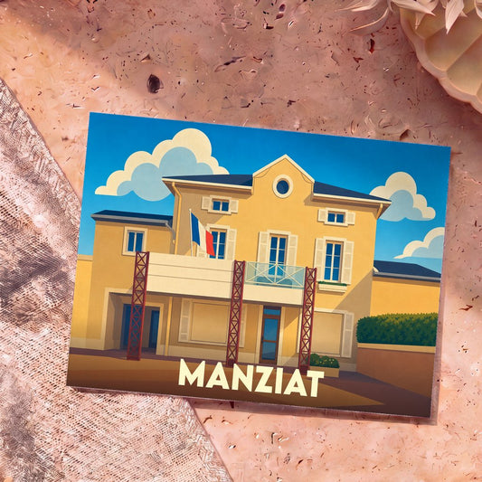 Carte postale souvenir de la ville de Manziat avec une illustration stylisée d'un bâtiment arborant le drapeau français.