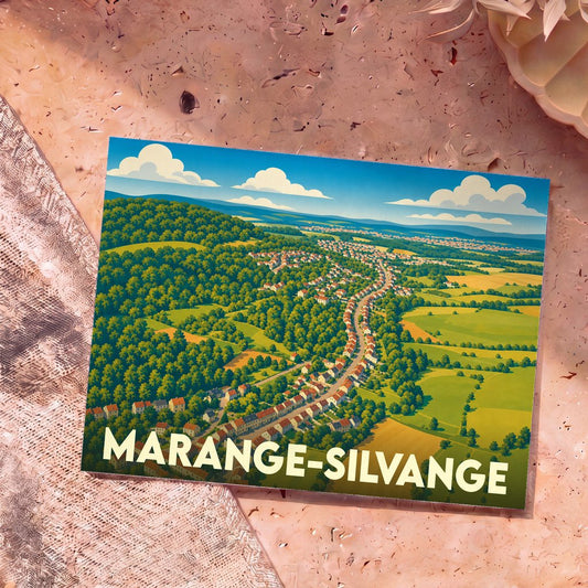 Carte postale souvenir de la ville de Marange-Silvange avec une illustration paysagère stylisée.