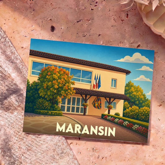 Carte postale souvenir de la ville de Maransin avec une illustration stylisée de sa mairie.