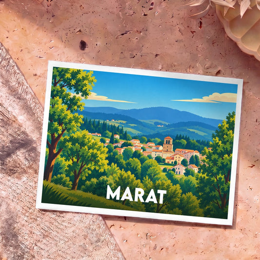 Carte postale souvenir de la ville de Marat avec une illustration stylisée d'un paysage vallonné.