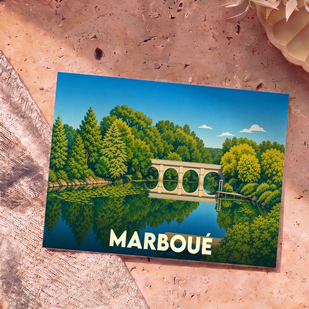 Carte postale souvenir de la ville de Marboué avec une illustration stylisée de son pont et de ses paysages verdoyants.