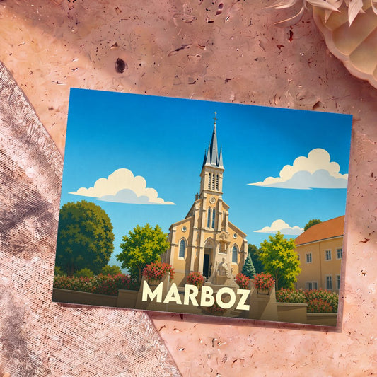 Carte postale souvenir de la ville de Marboz avec une illustration stylisée de son église.