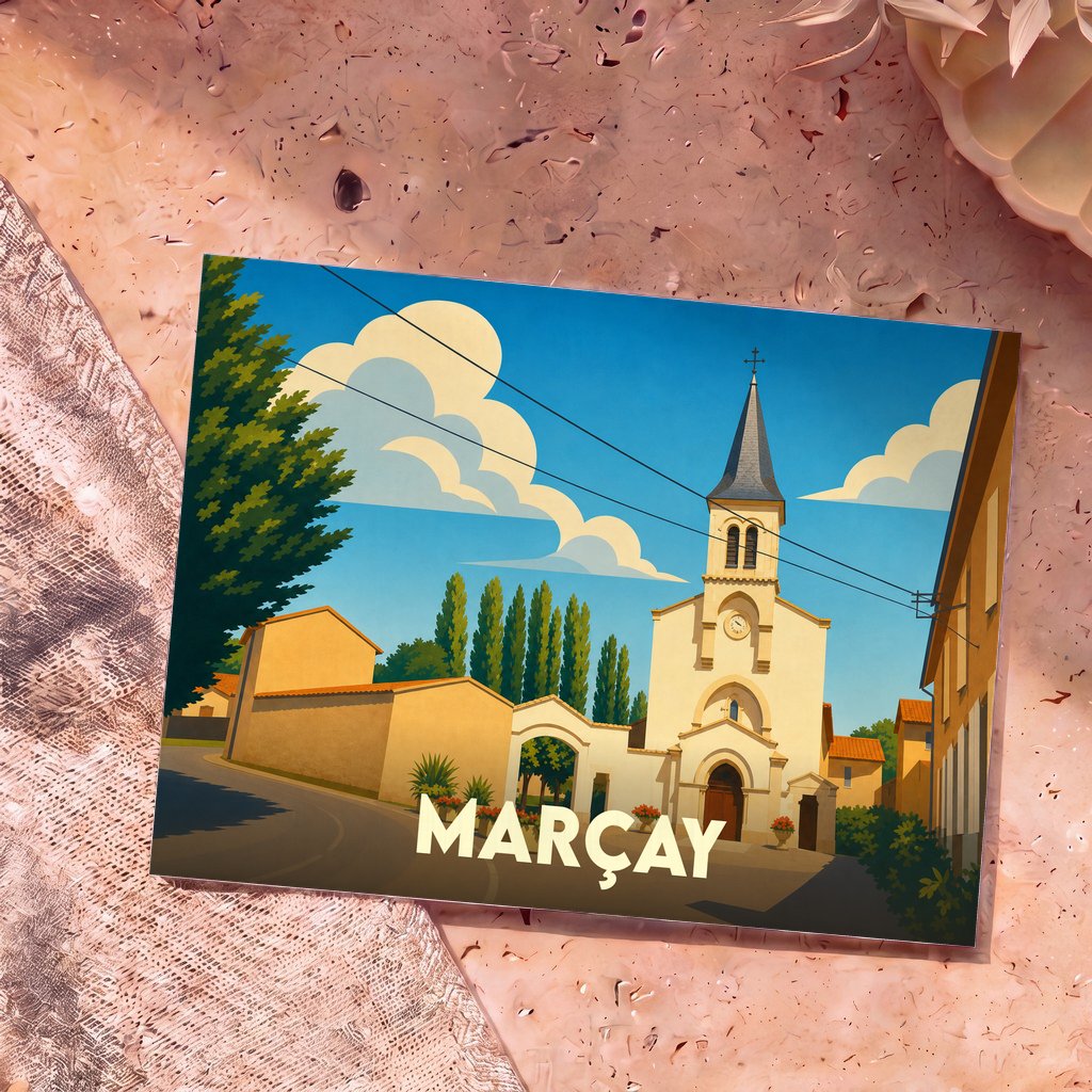 Carte postale souvenir de la ville de Marçay avec une illustration stylisée de son église sous un ciel azur.