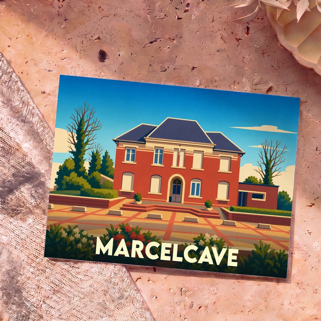 Carte postale souvenir de la ville de Marcelcave avec une illustration stylisée de son hôtel de ville.