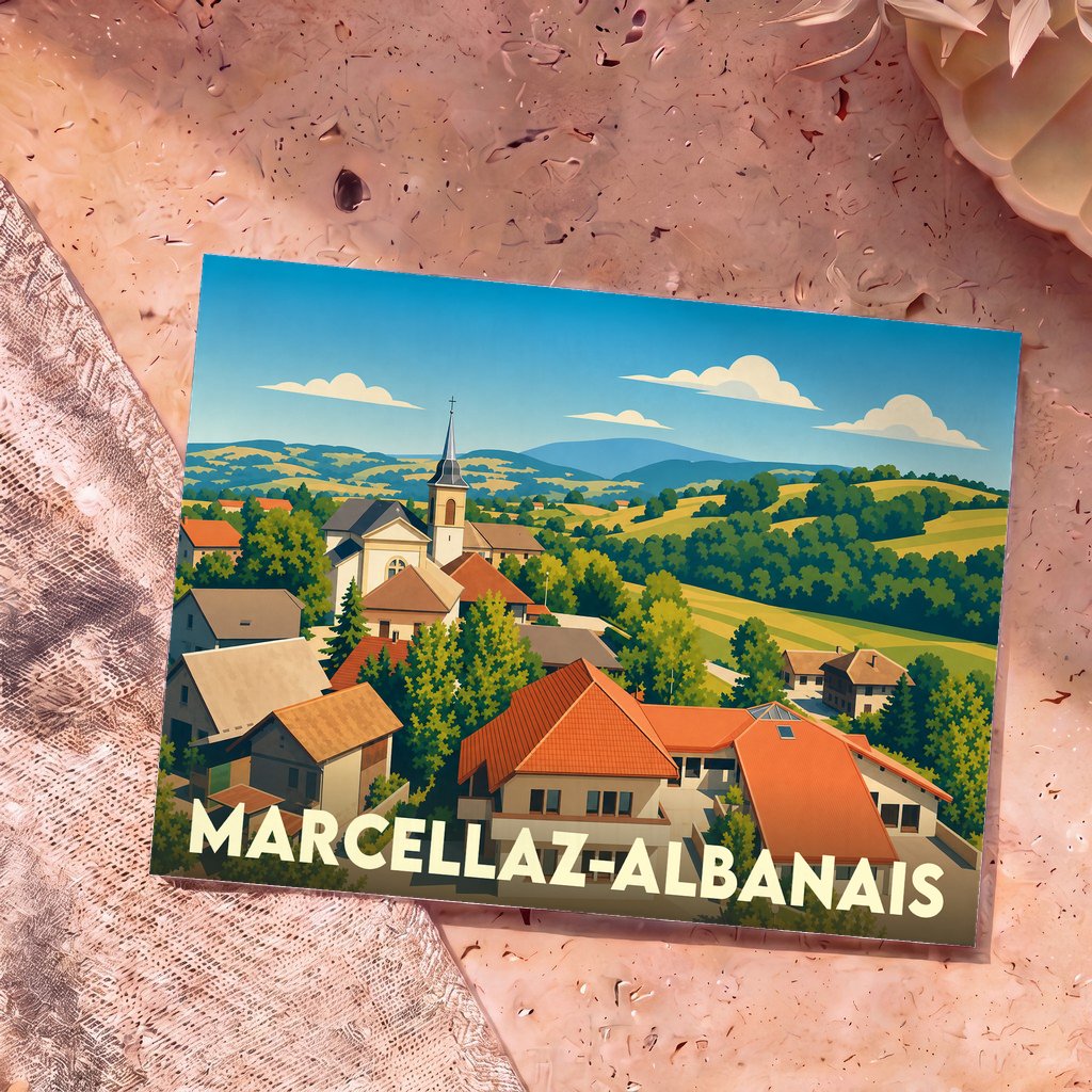 Carte postale souvenir de Marcellaz-Albanais avec une illustration stylisée du village et de son église.