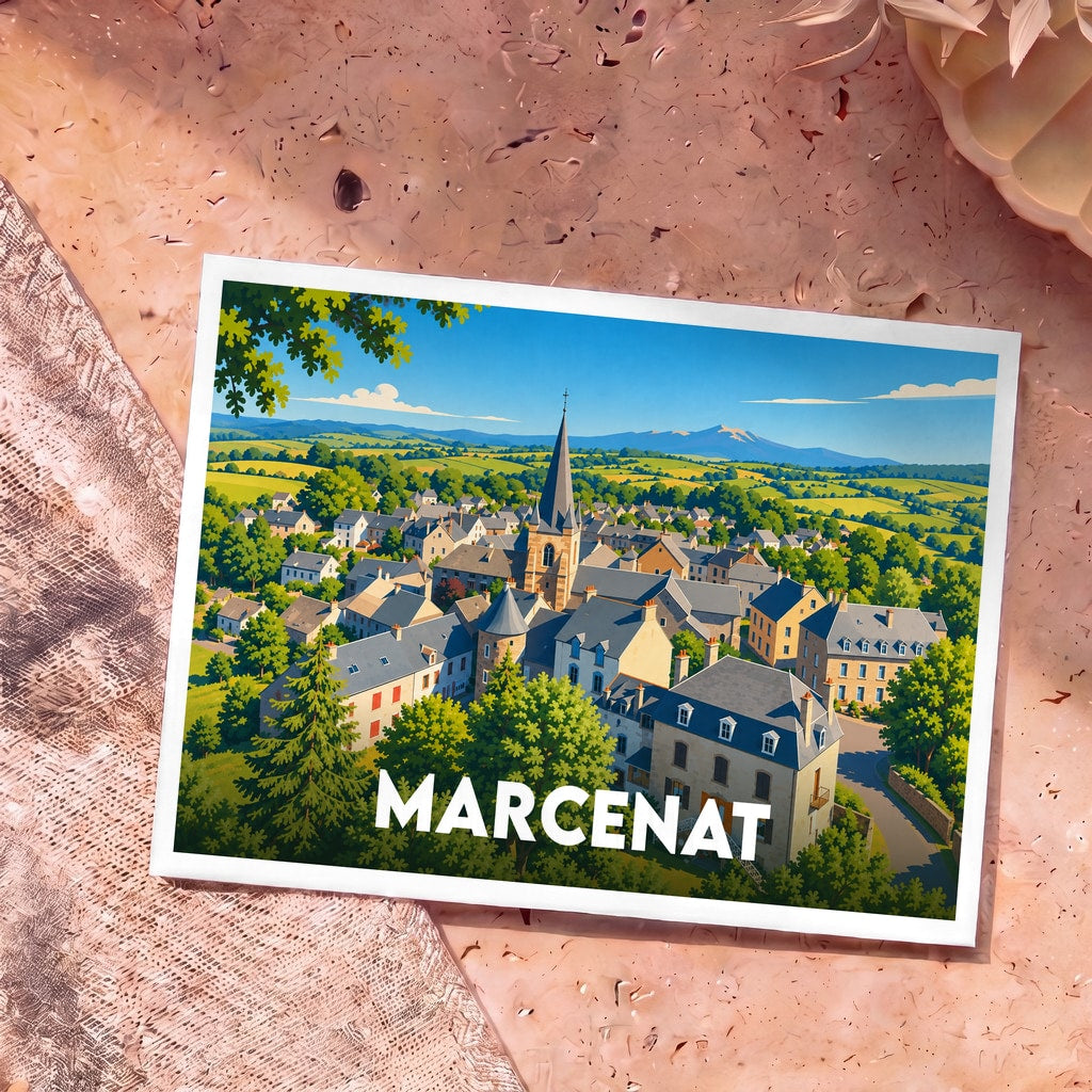 Carte postale souvenir de la ville de Marcenat avec une illustration colorée et stylisée de son village.