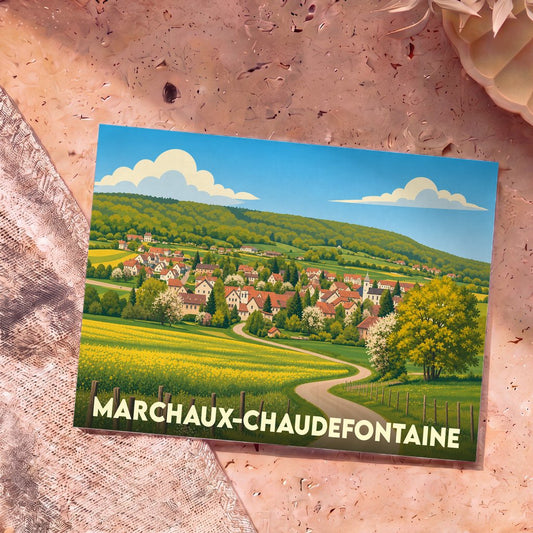 Carte postale souvenir de Marchaux-Chaudefontaine avec une illustration de paysage champêtre.