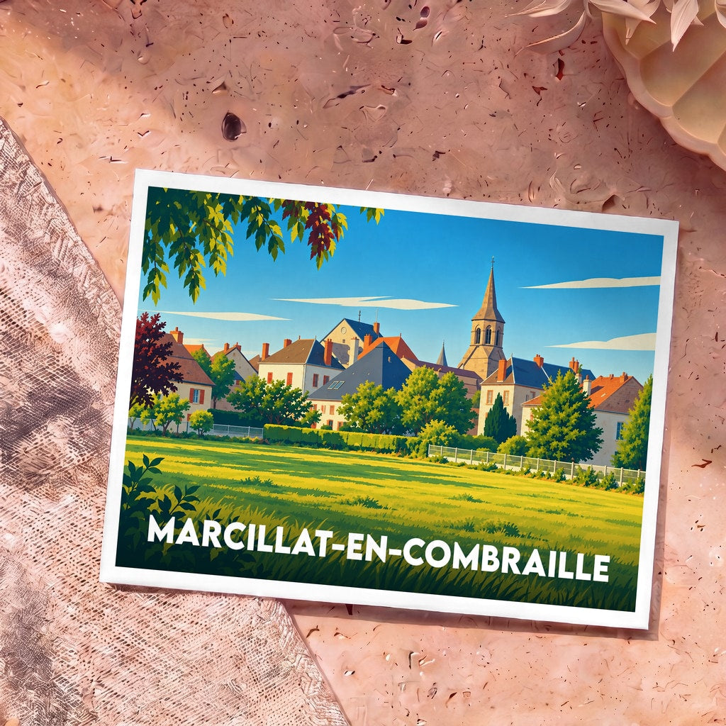 Carte postale souvenir de la ville de Marcillat-en-Combraille avec une illustration stylisée de son église et de ses paysages verdoyants.