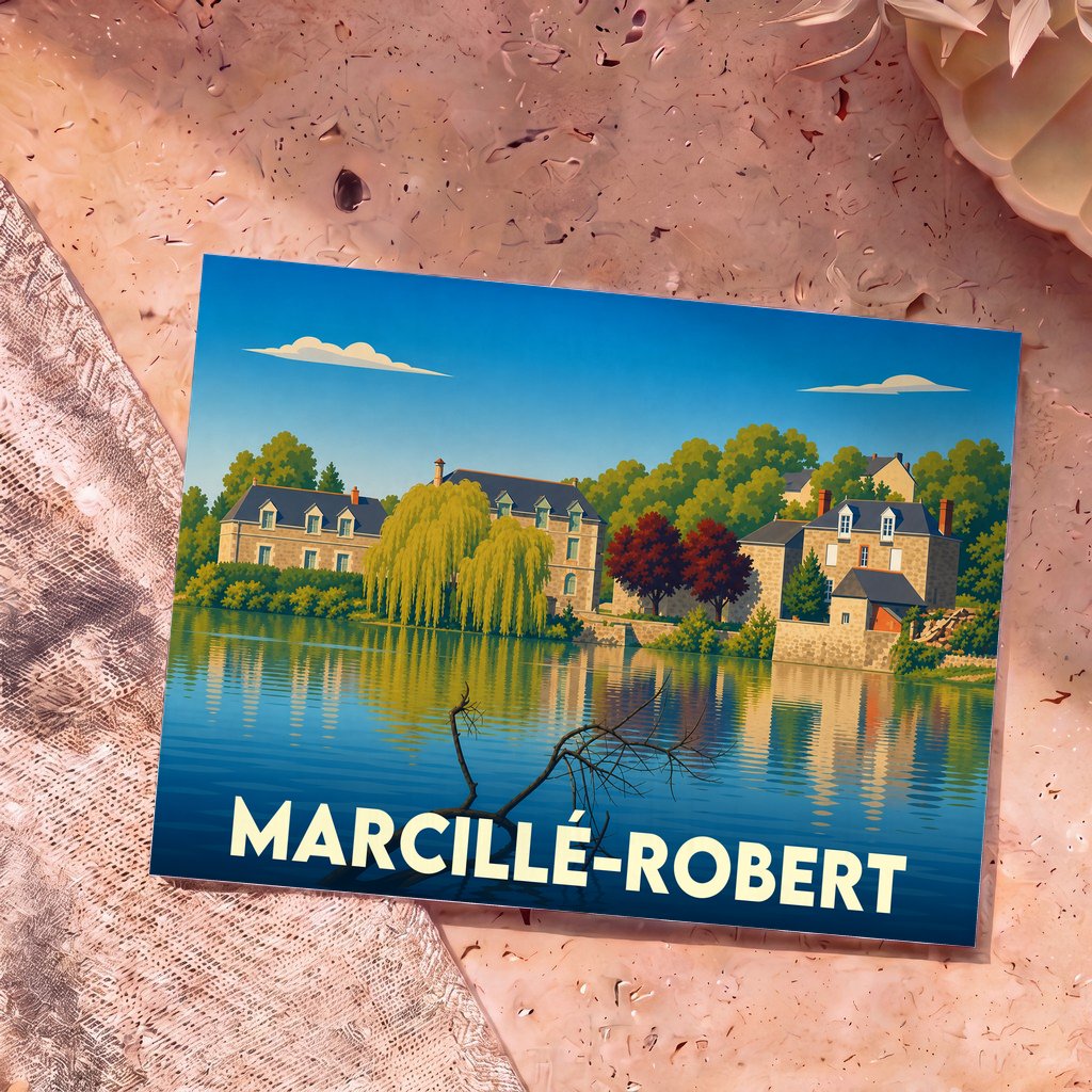 Carte postale souvenir de la ville de Marcillé-Robert avec une illustration stylisée de maisons au bord de l'eau.