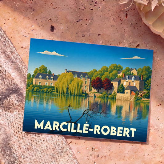 Carte postale souvenir de la ville de Marcillé-Robert avec une illustration stylisée de maisons au bord de l'eau.