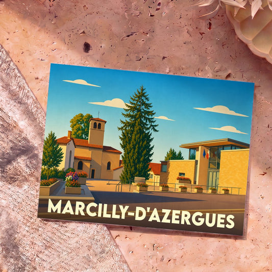 Carte postale souvenir de la ville de Marcilly-d'Azergues avec une illustration stylisée de sa place principale.