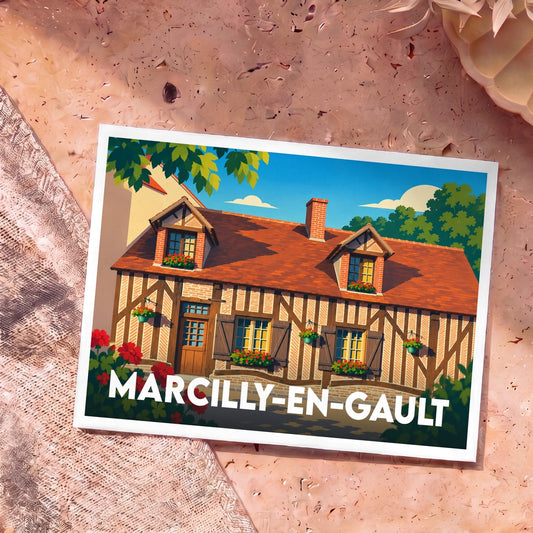 Carte postale souvenir de la ville de Marcilly-en-Gault avec une illustration stylisée d'une maison à colombages.
