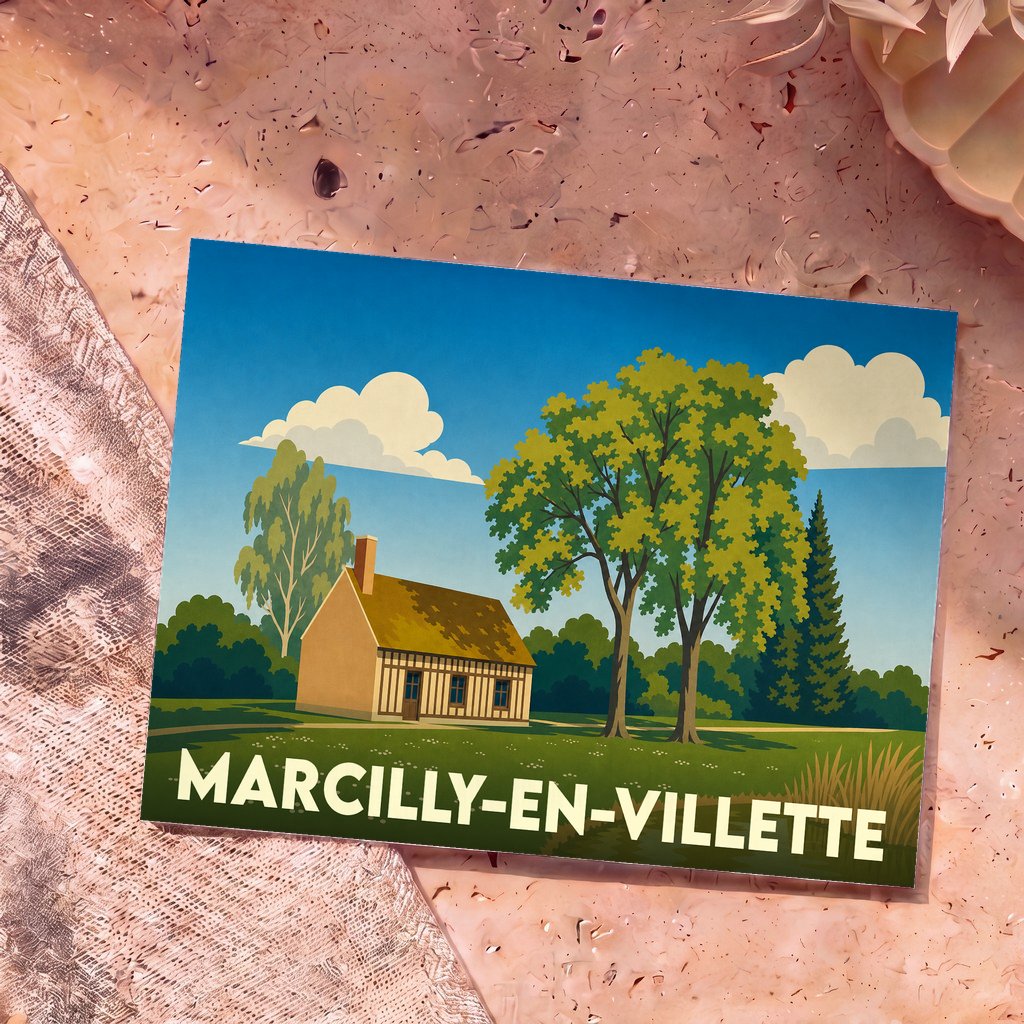 Carte postale souvenir de Marcilly-en-Villette avec une illustration stylisée d'une maison rurale et de grands arbres.