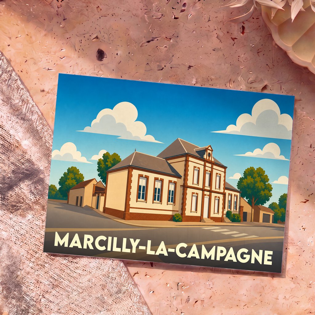 Carte postale souvenir de la ville de Marcilly-la-Campagne avec une illustration stylisée de sa mairie.
